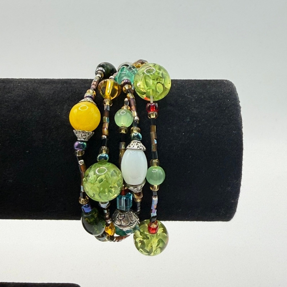 Green Amber 5 Strand Stretch Beaded Bracelet Whimsygoth Boho Statement Jewelry
